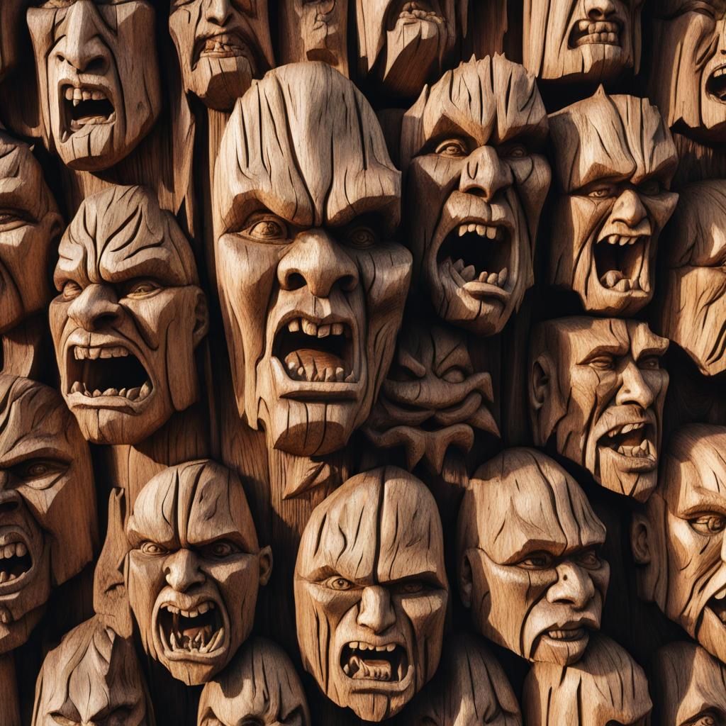 Mountain Wall Carved with Realistic and Demonic Faces