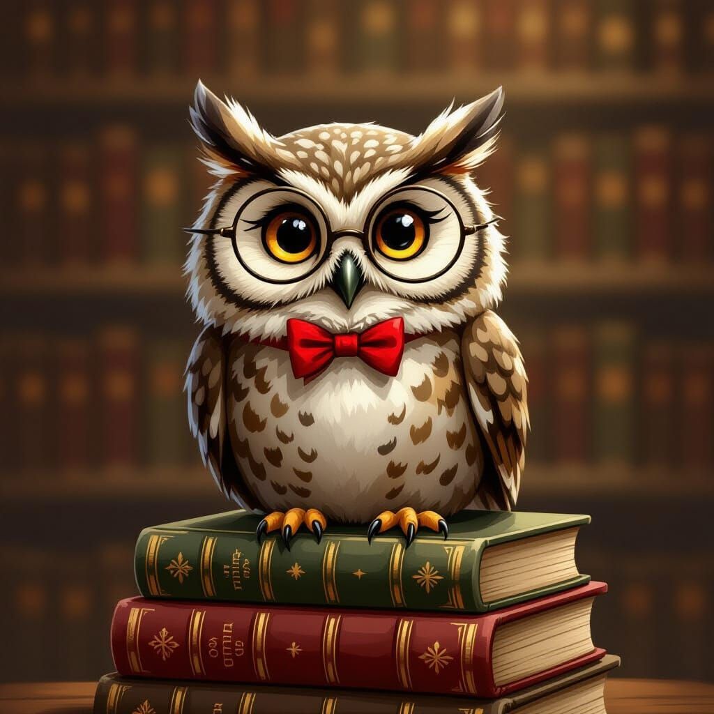 Wise Owl in Spectacles on Books, Storybook Style