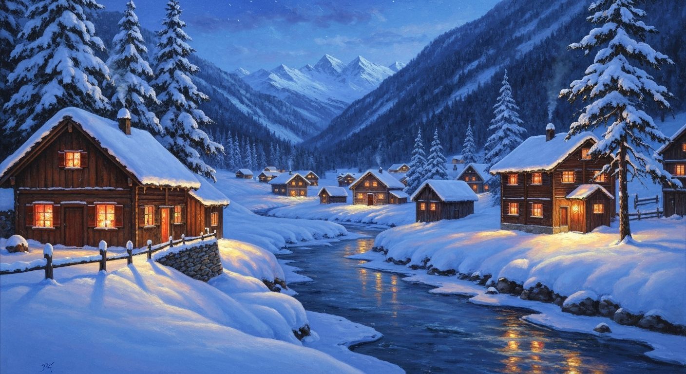 Swiss Alps Village at Night: Oil Painting