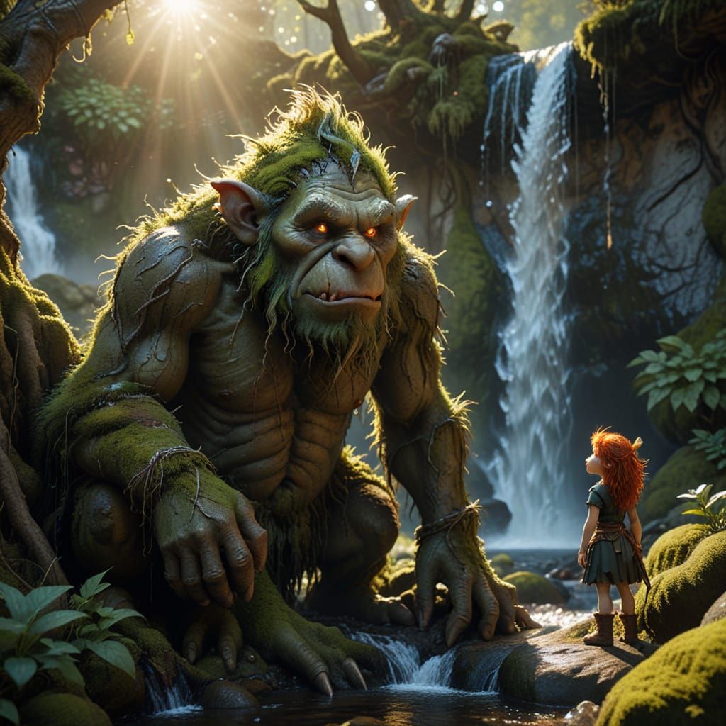 Trolls by Waterfall in Dark Fantasy Style