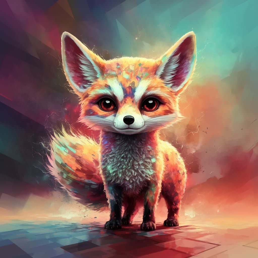 Vibrant Chibi Fennec Fox in Whimsical Cubist Art