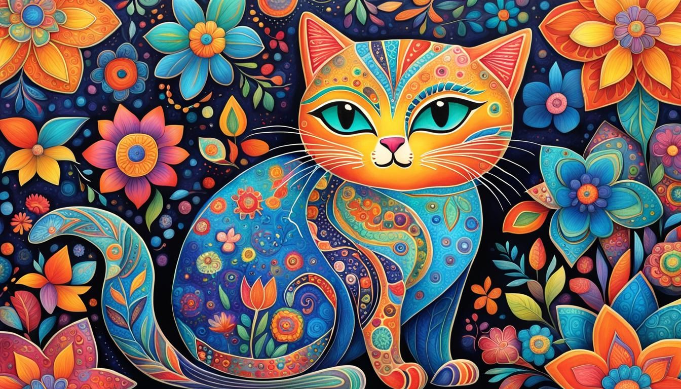 Psychedelic Cat in Naive Style with Floral Patterns