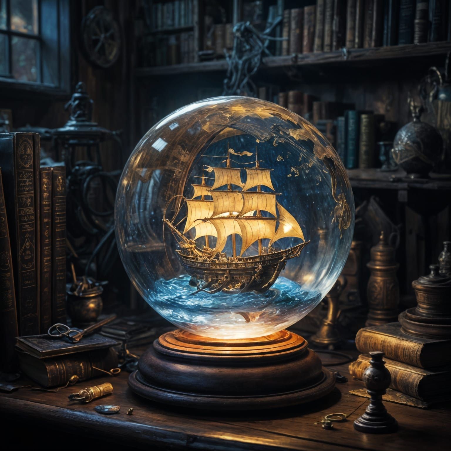 Ship in Glass Orb Oil Painting
