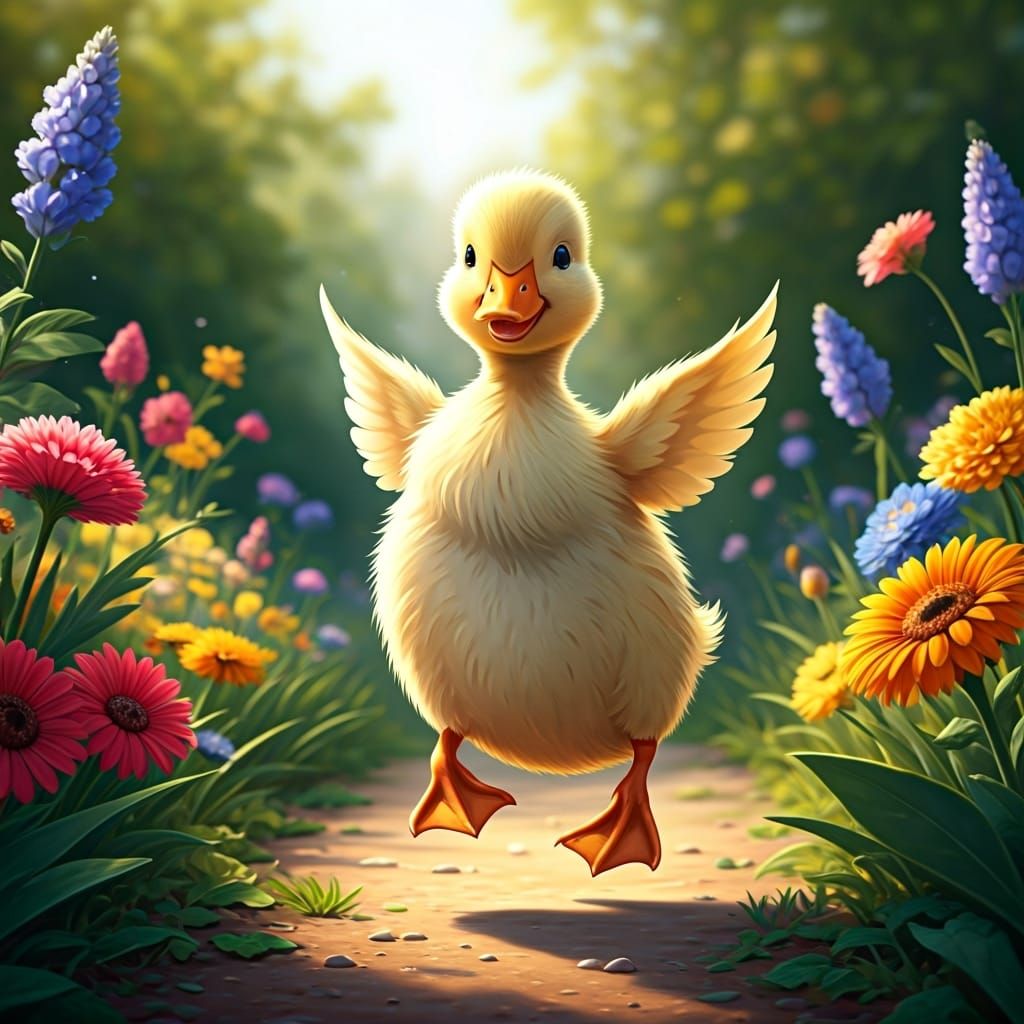 Whimsical Duckling Dancing in Flower Garden
