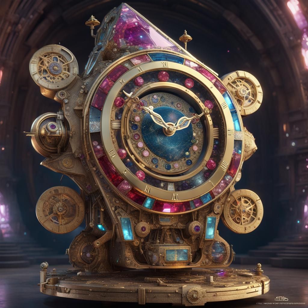 Extraterrestrial Spaceship Clock with Gemstones and Gold