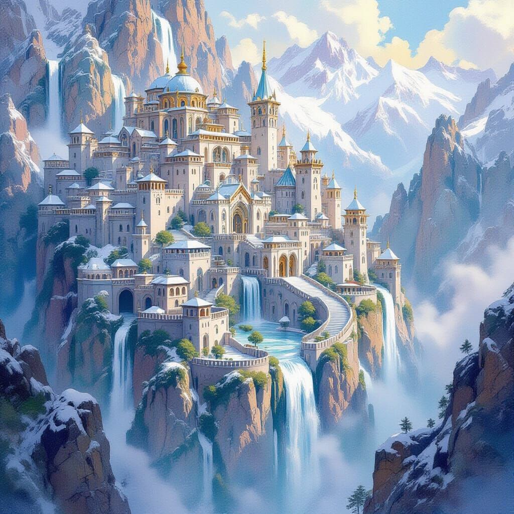 Mountain Kingdom Watercolor Painting with Glittering Frost