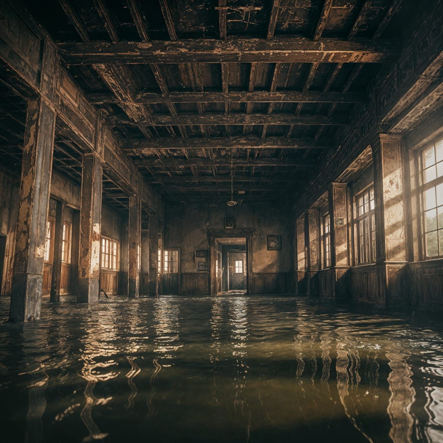 Eerie Flooded Building Interior in Cinematic Style