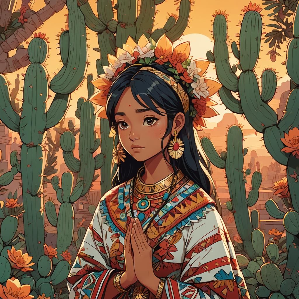 Aztec Girl Praying at Sunset in Anime Style