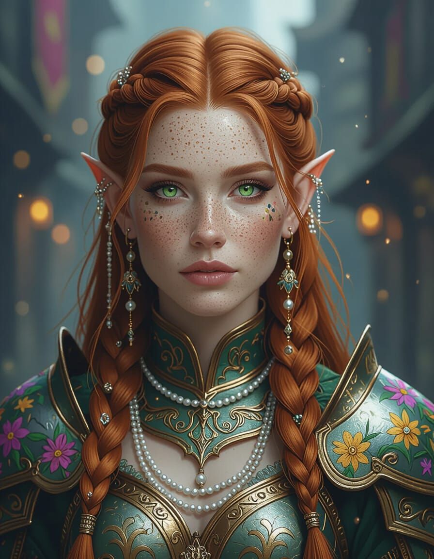 Elf Warrior with Freckles and Wildflower Armor in Dark City