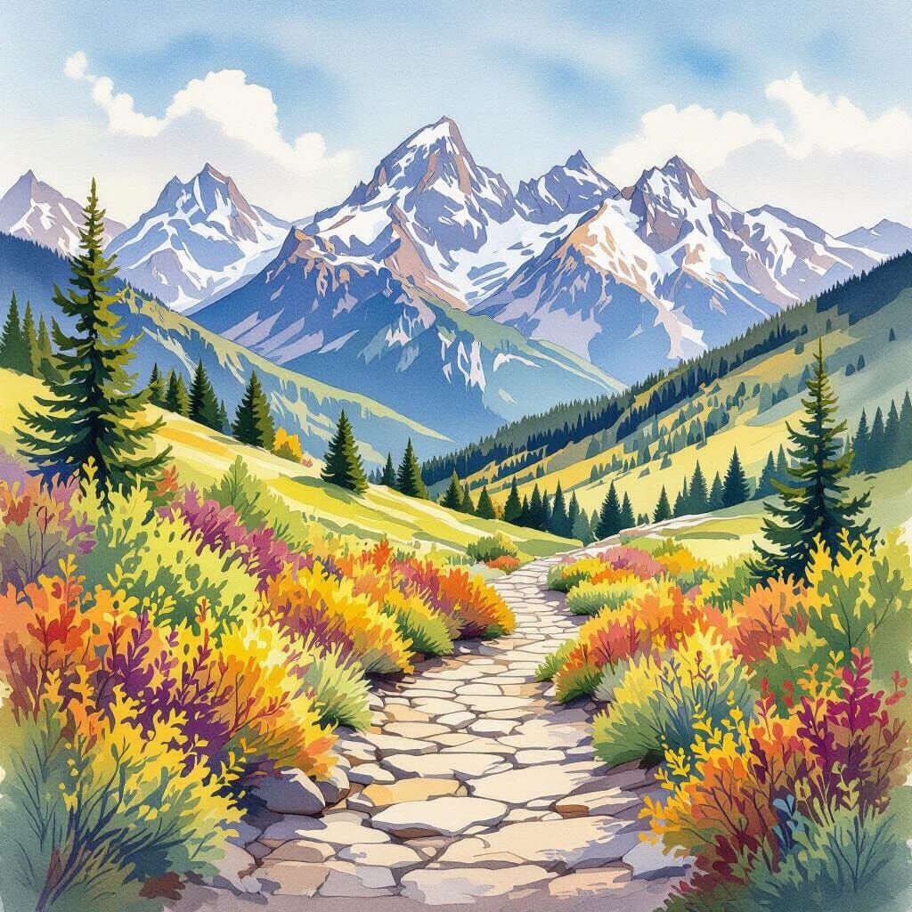 Watercolor Mountain Landscape with Rocky Path and Colorful F...