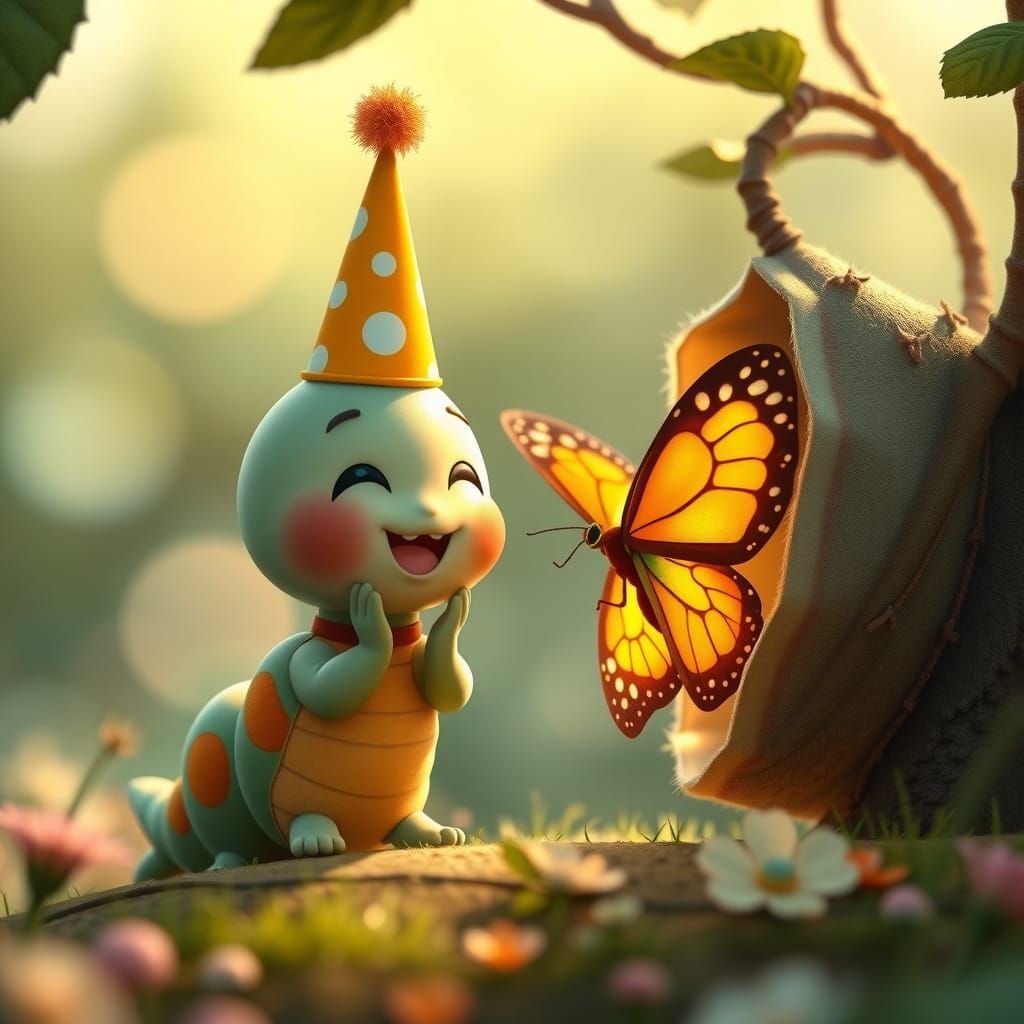 Caterpillar Celebrates Butterfly: 3D Anime Transformation