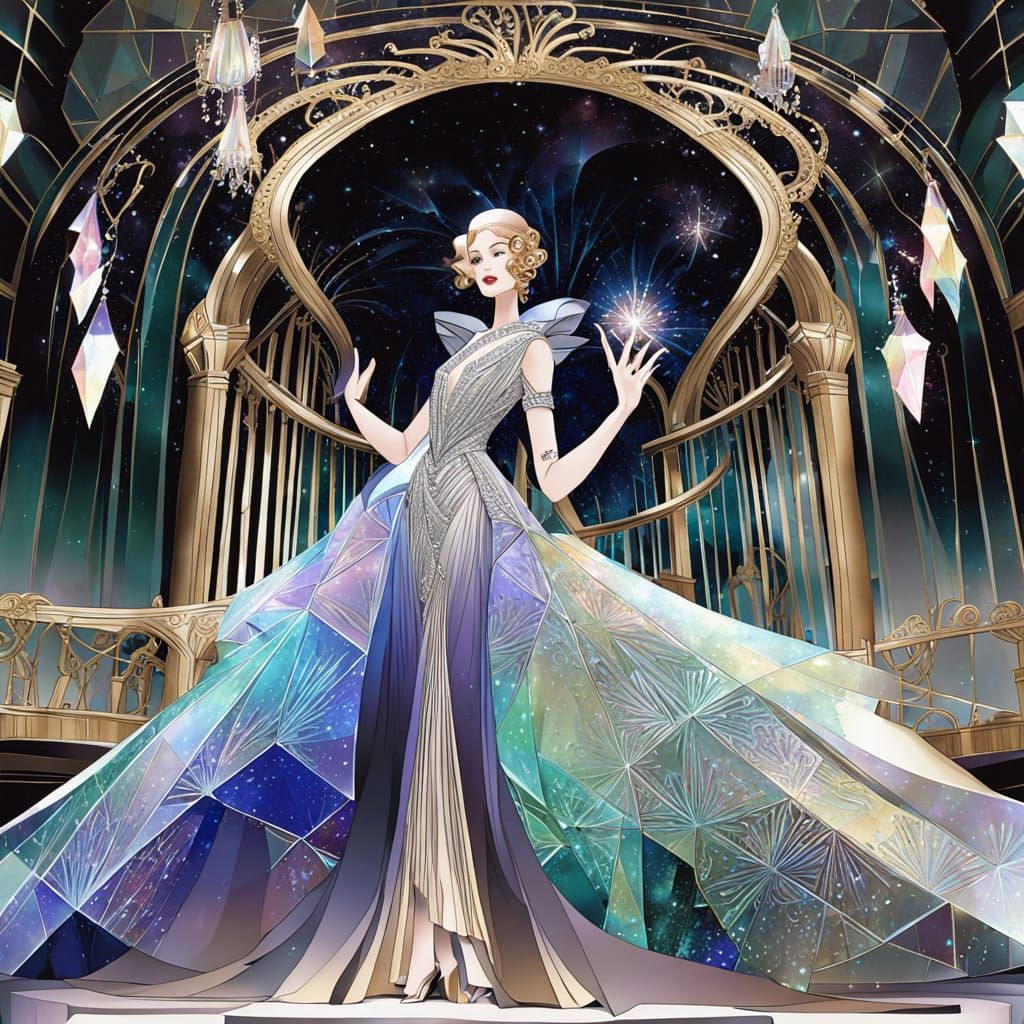 Regal Woman in Iridescent Glass Gown