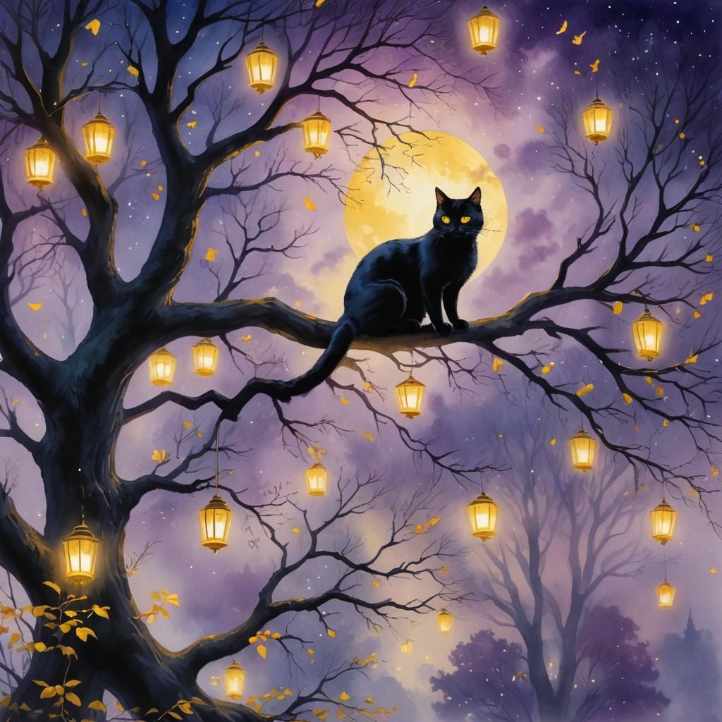 Black Cat in Tree: Ethereal Watercolor Painting