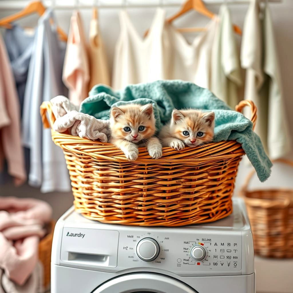 Cozy Laundry Room Scene with Kittens and Wicker Basket