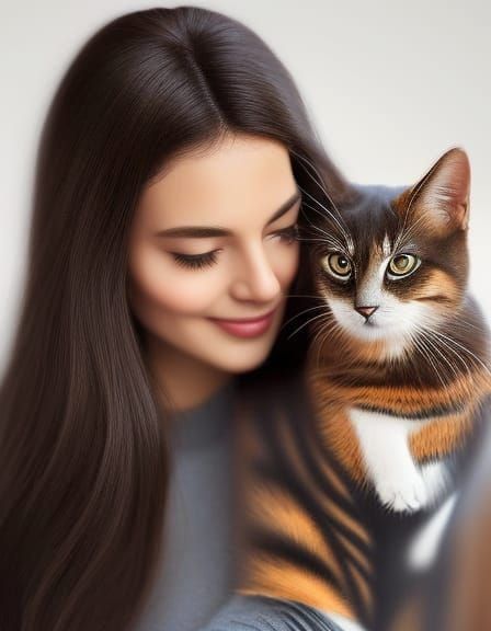 Beautiful Woman with Cat in Watercolor Style