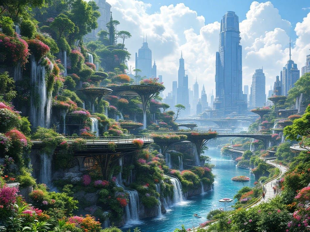 Lush Futuristic Metropolis Unfolds Under Radiant Skies