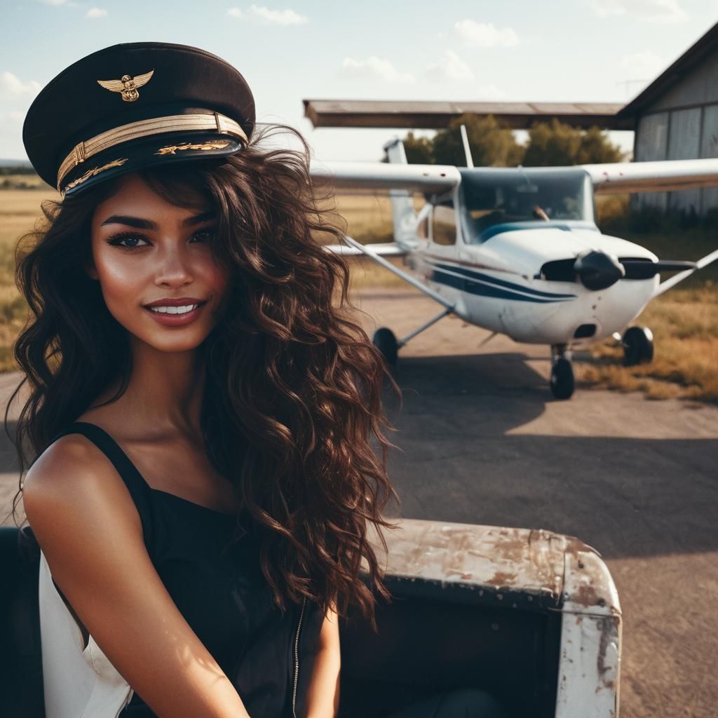 Gorgeous Pilot in Sleek Aircraft: Oil Painting