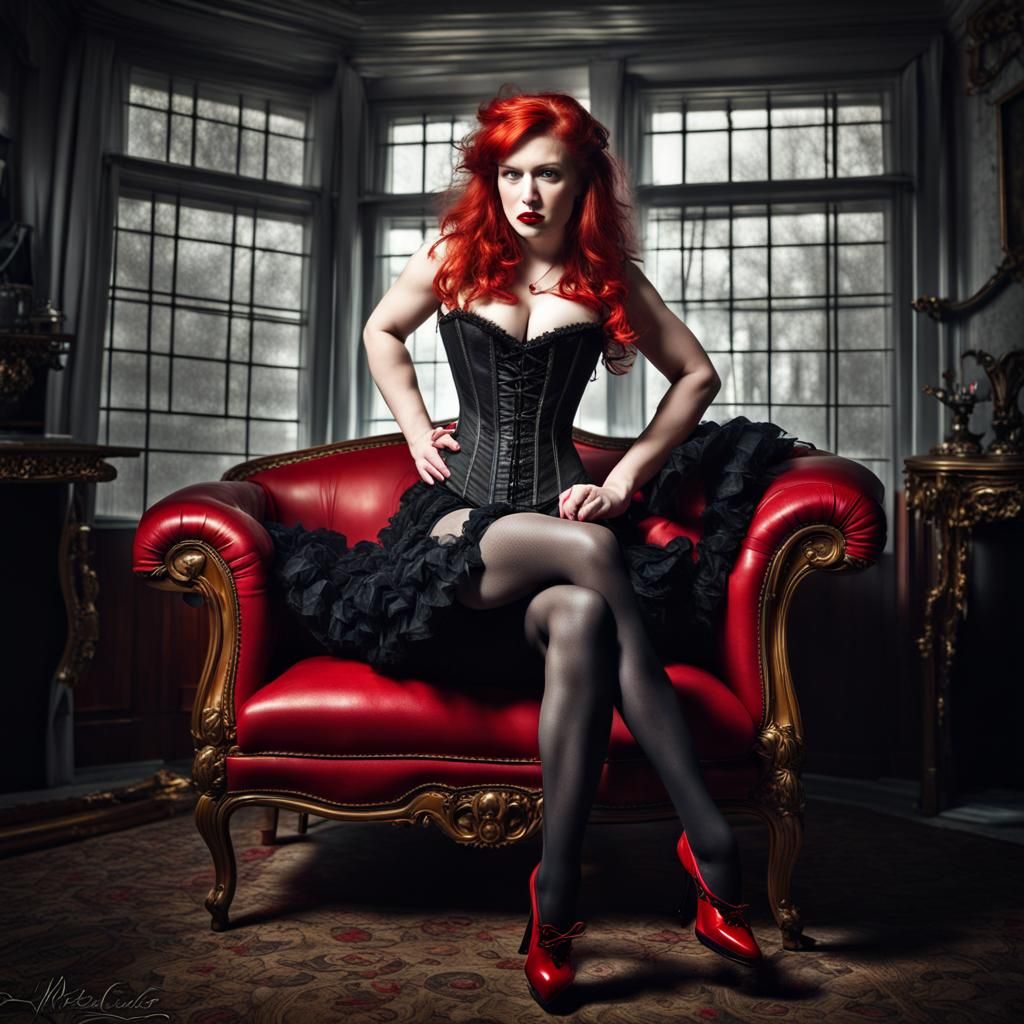 Redhead in Corset, Stockings, and Heels: Hyperrealistic