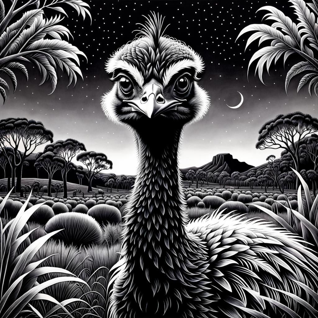Emu in Outback: Aboriginal Scratchboard Art
