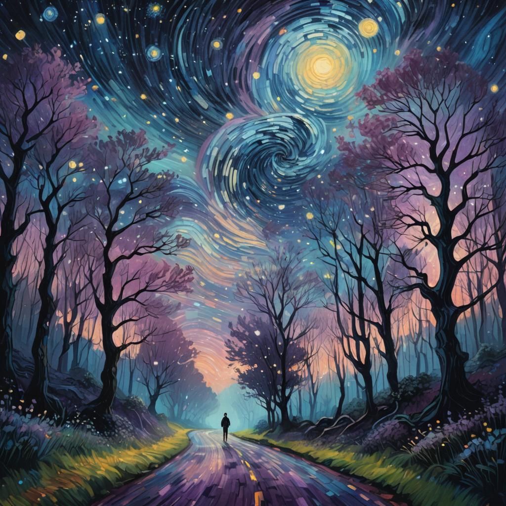 Starry Night Forest Road in Van Gogh Style