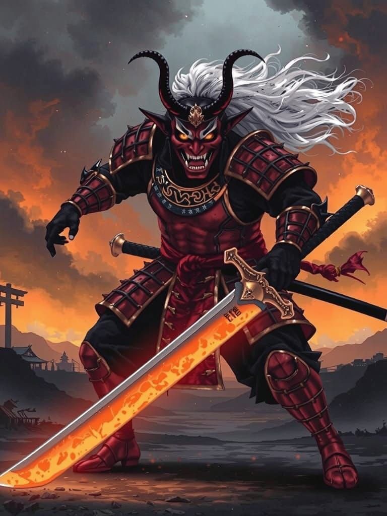 Oni Warrior in Burning Village: Ukiyo-e Ink Painting