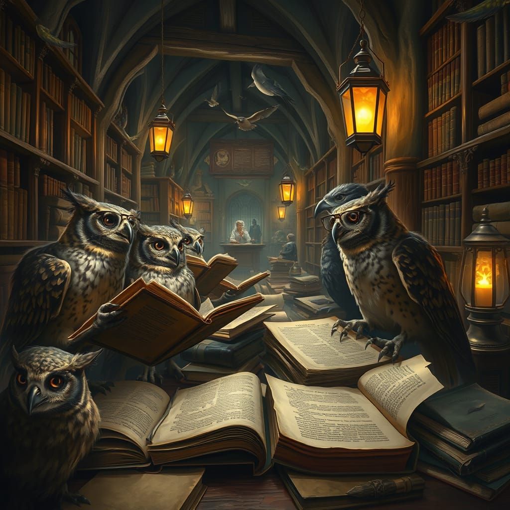 Wise Owls Debate Ancient Texts in a Magical Library