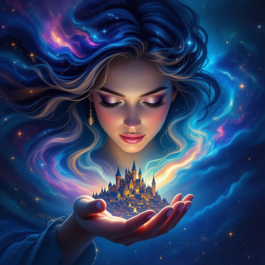 Cosmic Woman Over Medieval Village Digital Painting