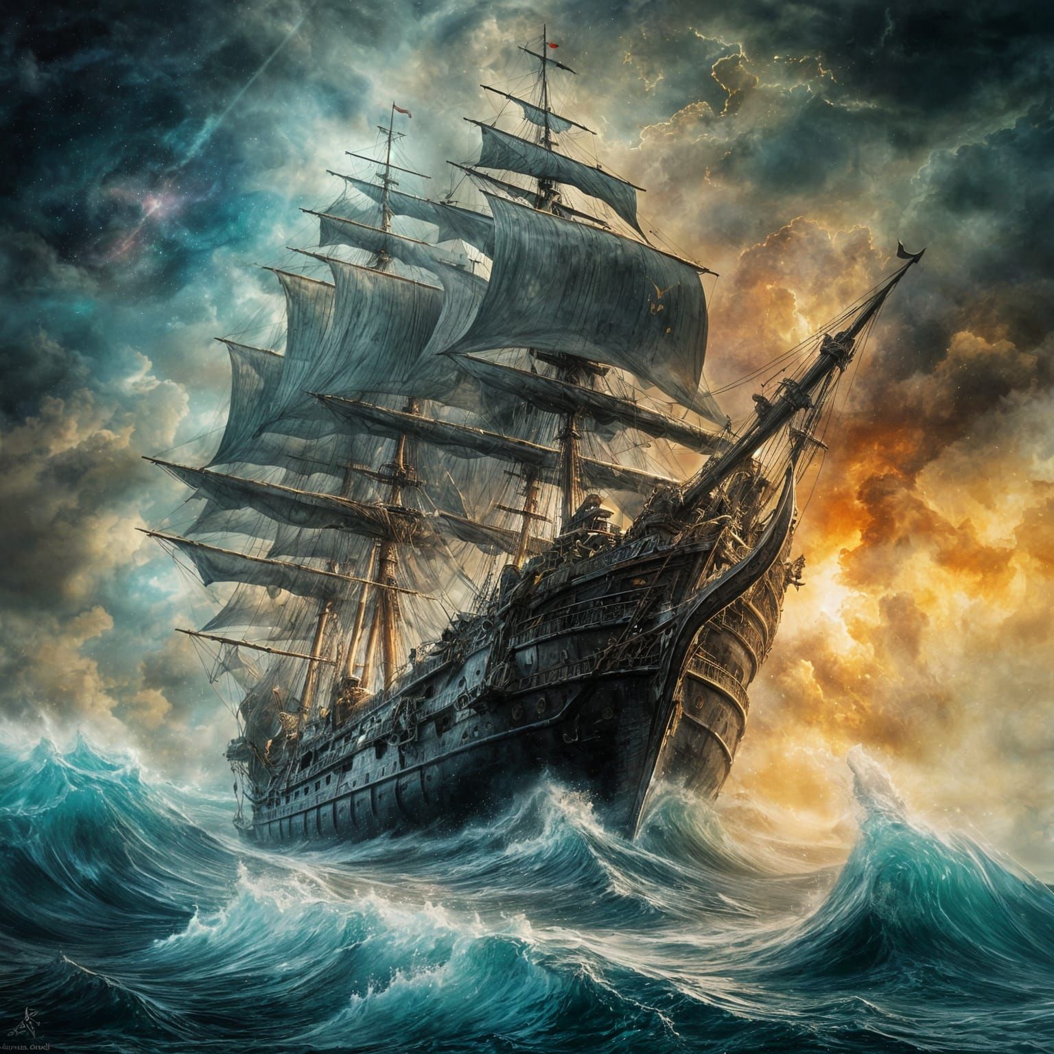Surreal Galleon Emerges from Stormy Sea in Ethereal Vignette