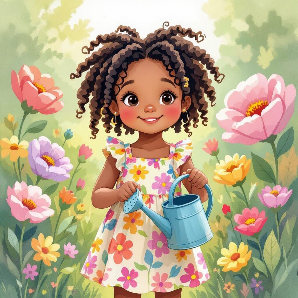 Girl in Whimsical Garden with Oversized Flowers, Watercolor ...