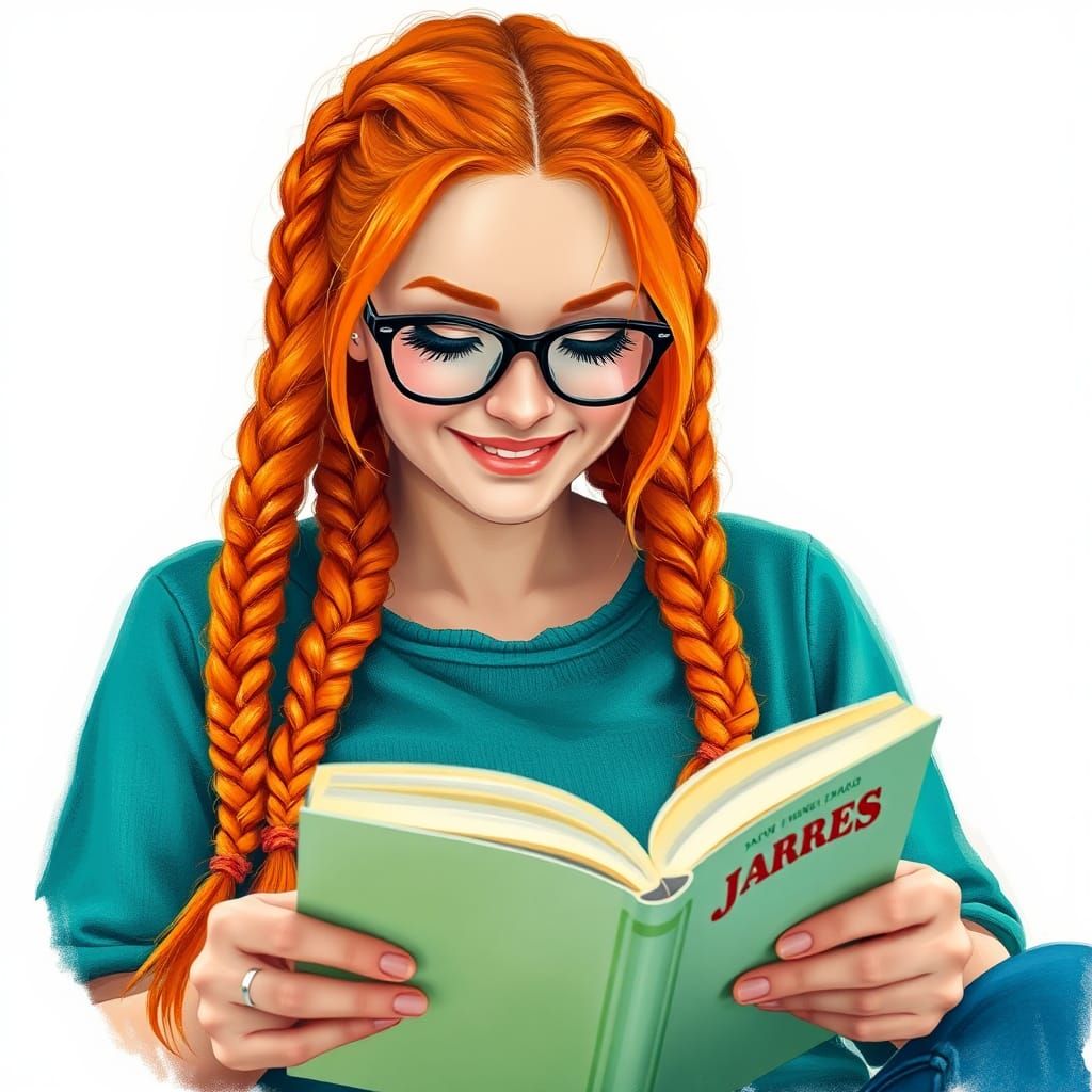 Vibrant Portrait of Ginger Woman Reading, Gouache Style