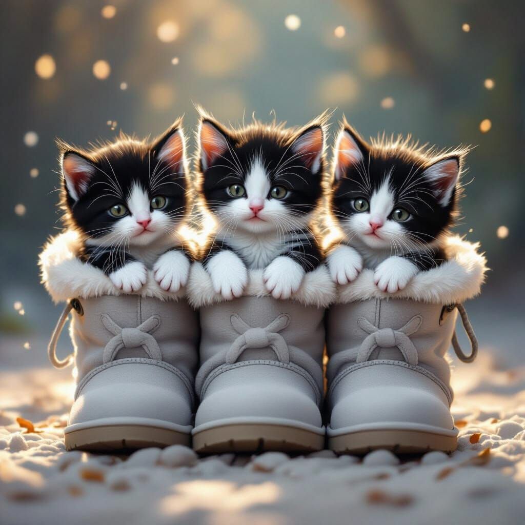 Tuxedo Kittens Snuggle in Ugg Boots: Art Nouveau Portrait