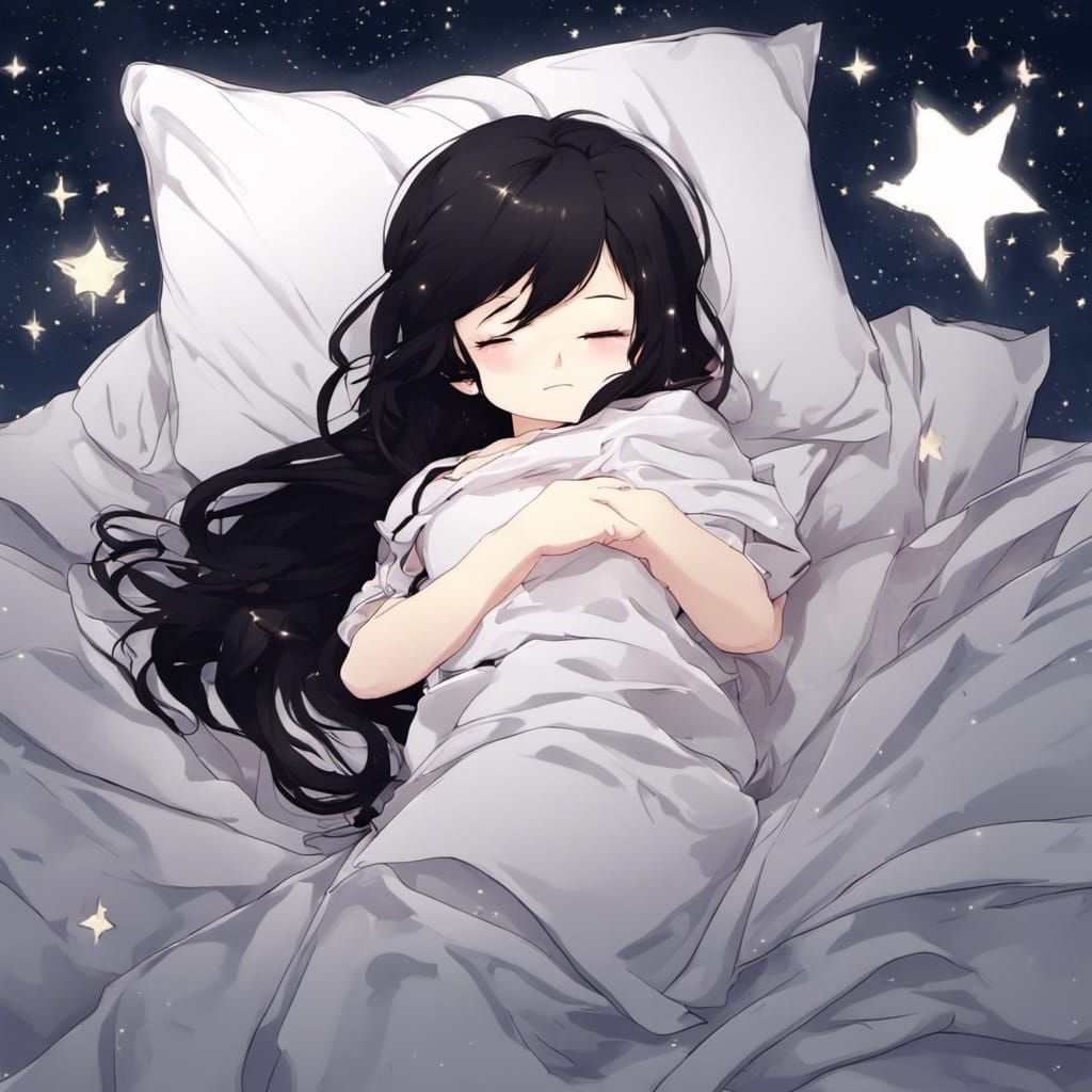Chibi Girl Sleeping Under Starry Night, Anime Style