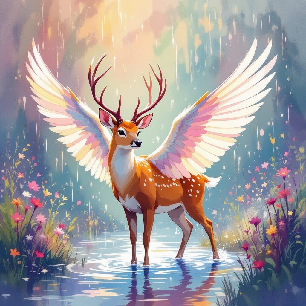 Winged Deer in Dreamy Watercolor Rain