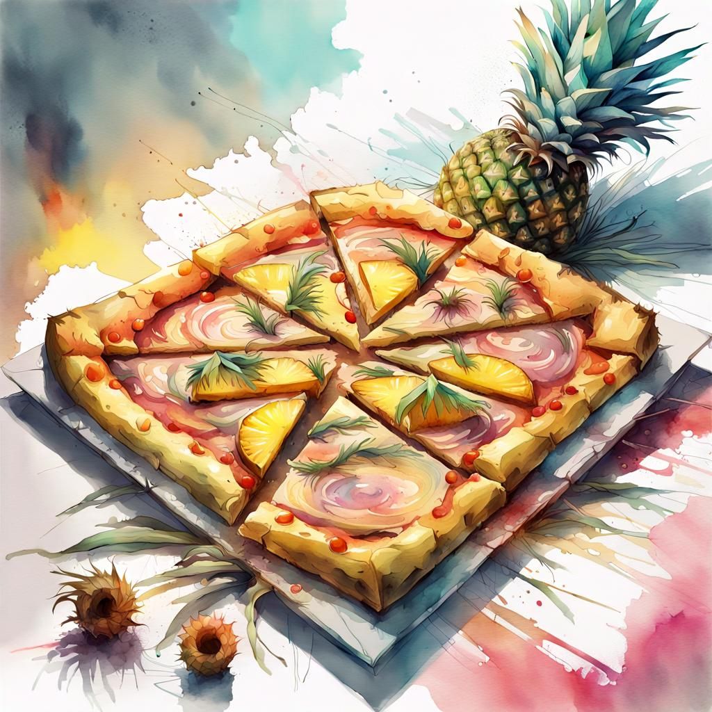 Watercolor Pineapple Pizza Sunset: Fantasy Art