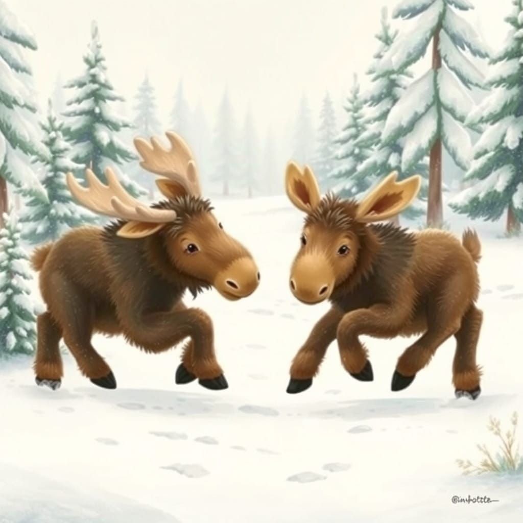 Whimsical Baby Moose Play in Snowy Forest
