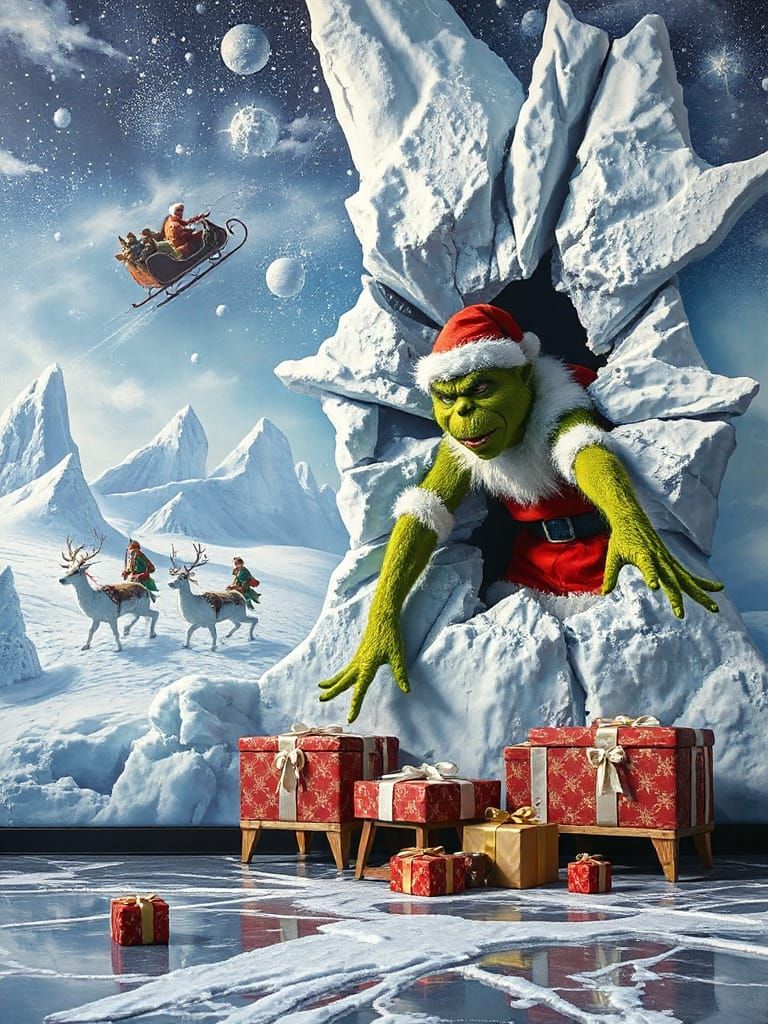 Frozen Christmas Mural: Santa, Elves, and Grinch in Icy Art