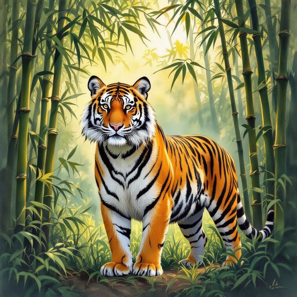 Majestic Tiger in Bamboo Forest, Aquarelle Style