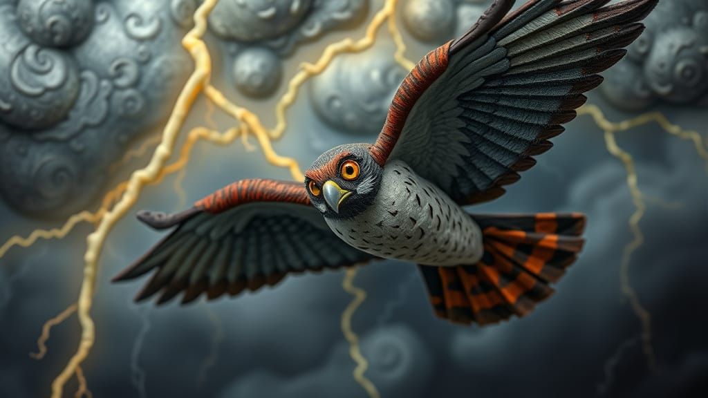 Felt Falcon Soaring Through a Lightning Storm