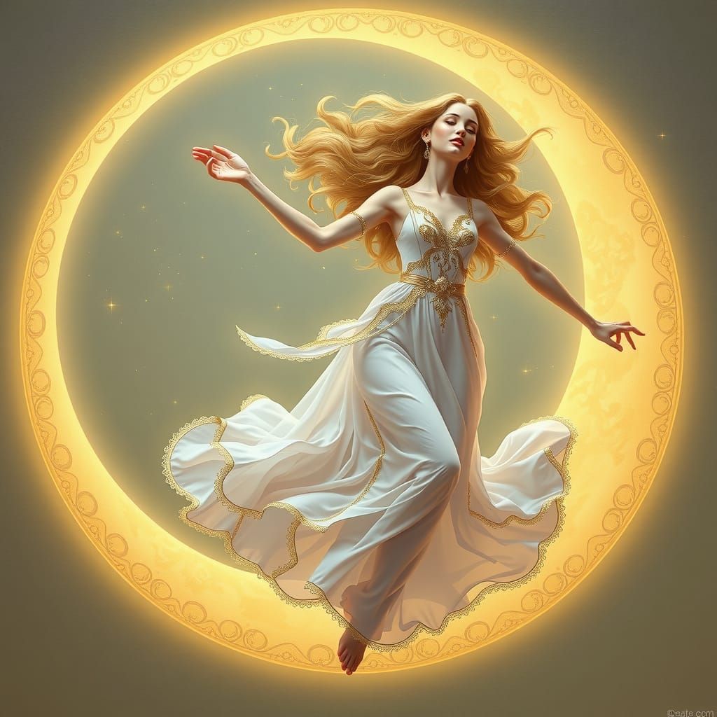 Ethereal Woman Dancing in Crescent Moon