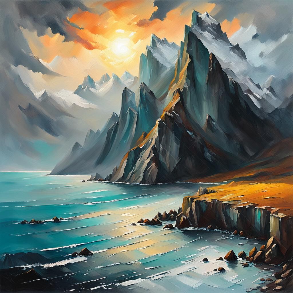 Dramatic Mountain Landscape as Impasto Oil Painting