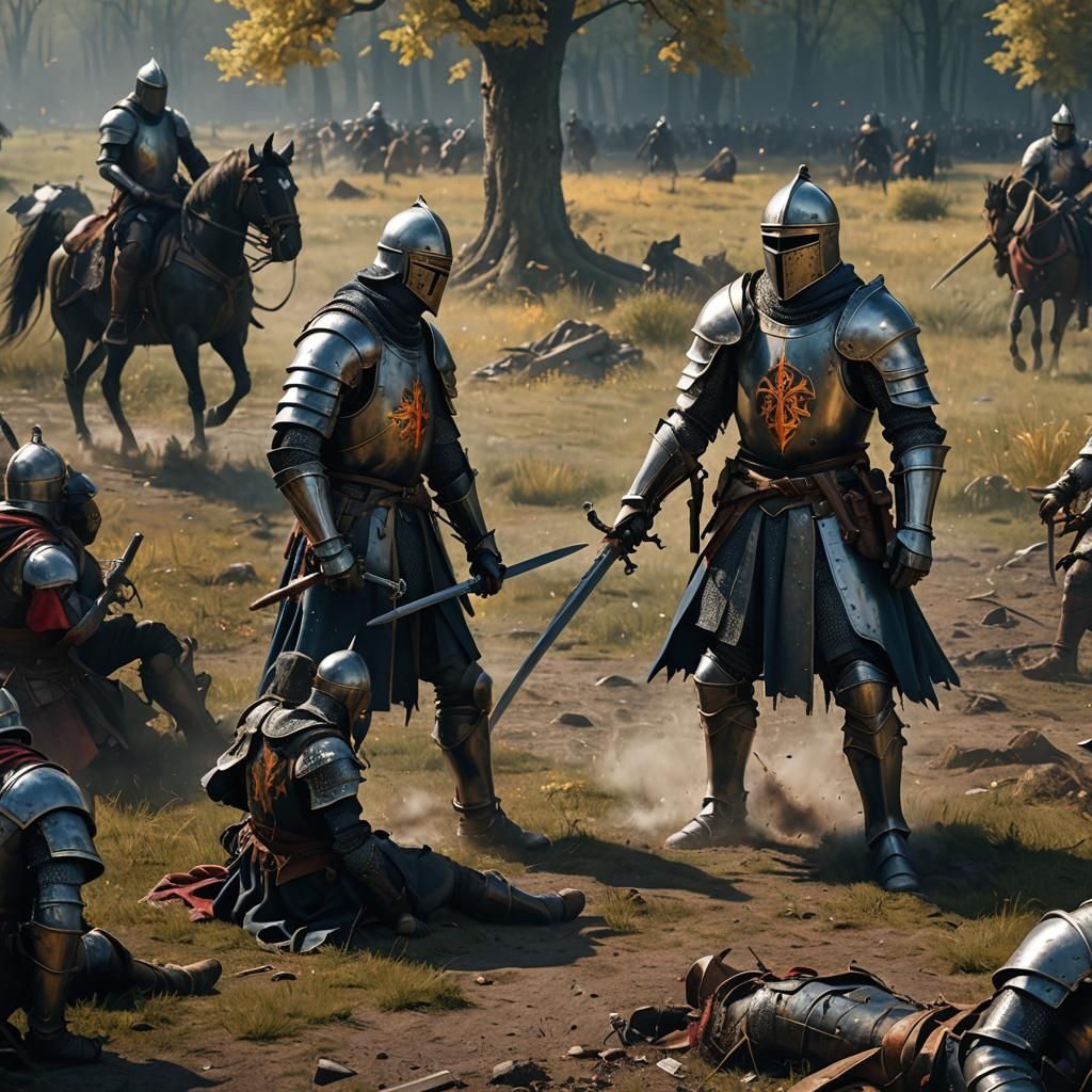 Wounded Knight in Medieval Battlefield: Detailed Matte Paint...