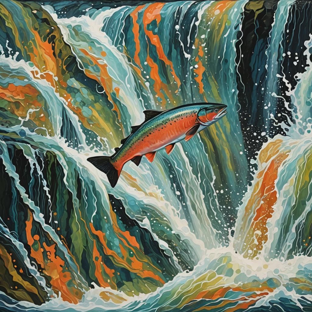 Iridescent Salmon Leaping Waterfall: Abstract Art