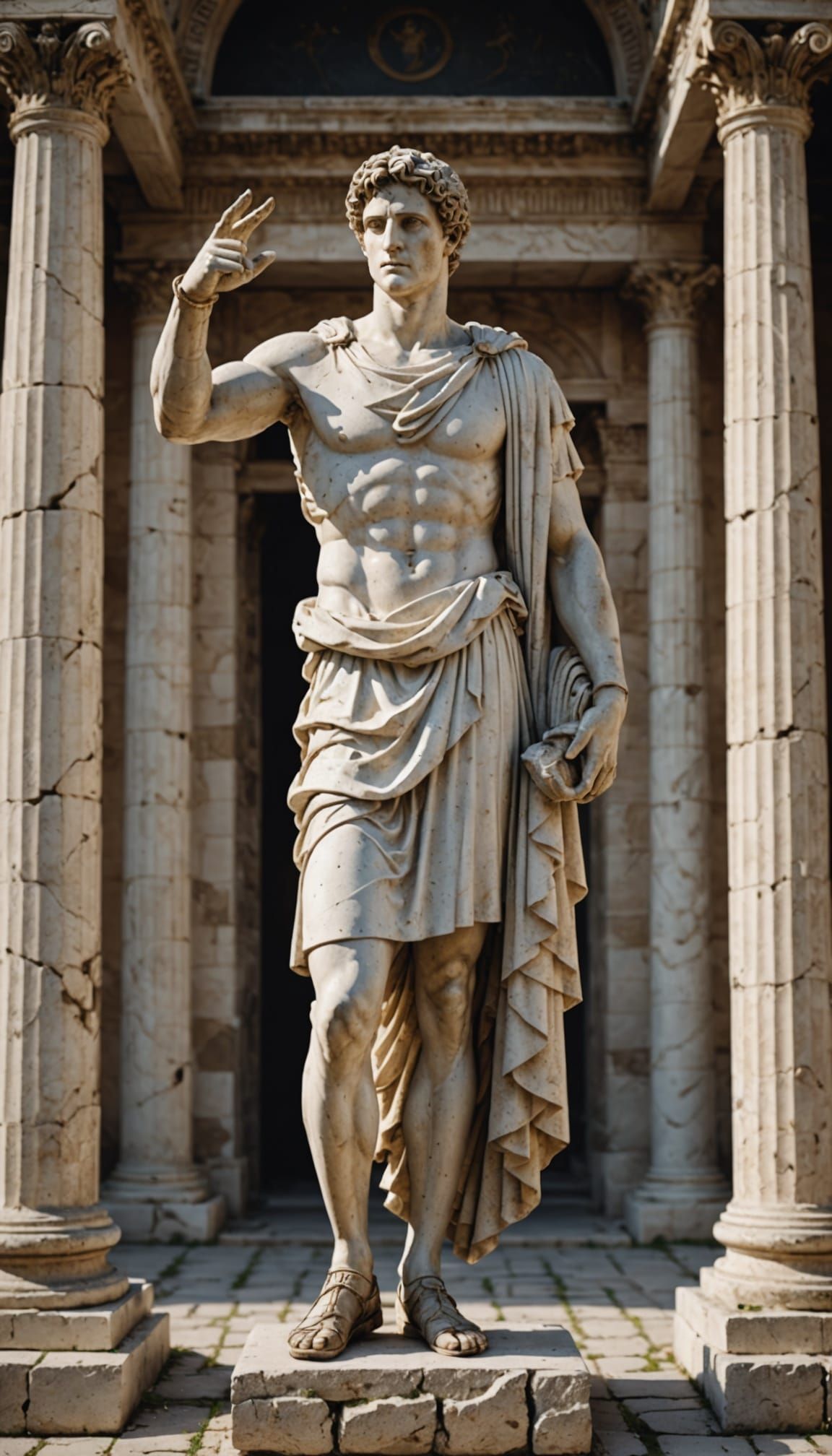 Ancient Roman Warrior Statue in Greek Temple Setting