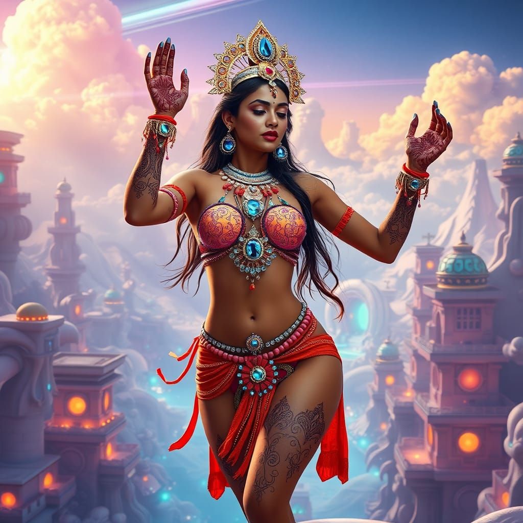 Futuristic Indian Woman's Shiva Dance in Sky Town