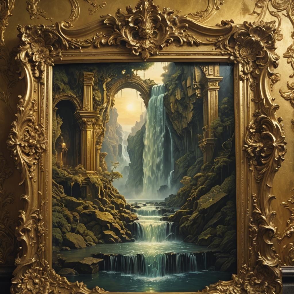 Waterfall Exiting Baroque Frame in 19th-Century Study