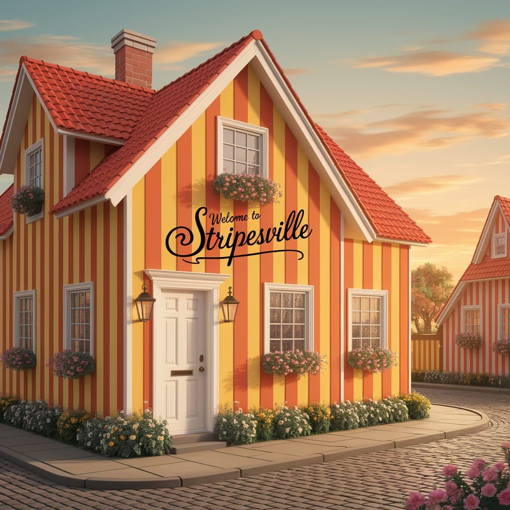 Vibrant Striped House Under Warm Sunset