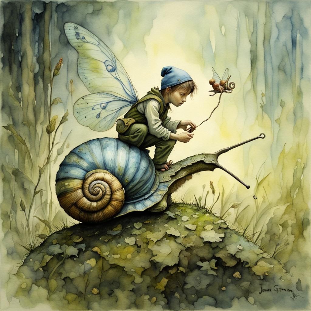 Fairy Rides Snail: Watercolor and Acrylic Fantasy Art