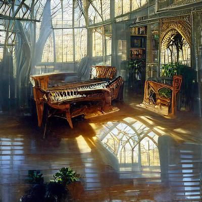 Gothic Sunroom Piano in Oil Painting Style