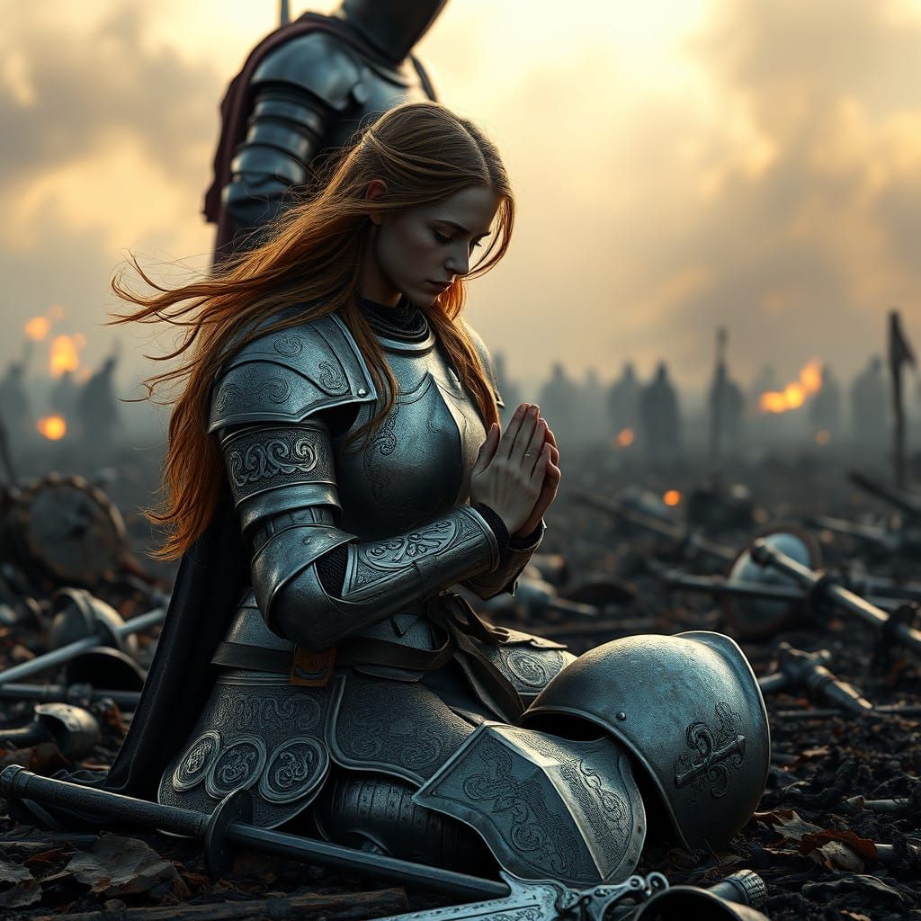 Weary Female Knight in Celtic-Inspired Silver Armor