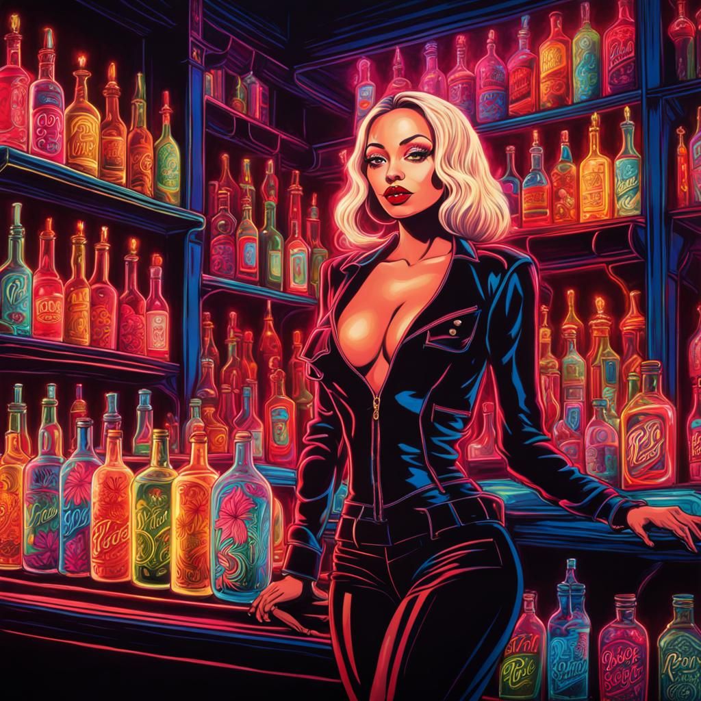 Psychedelic Cannabis Bar Scene with Radiant Woman